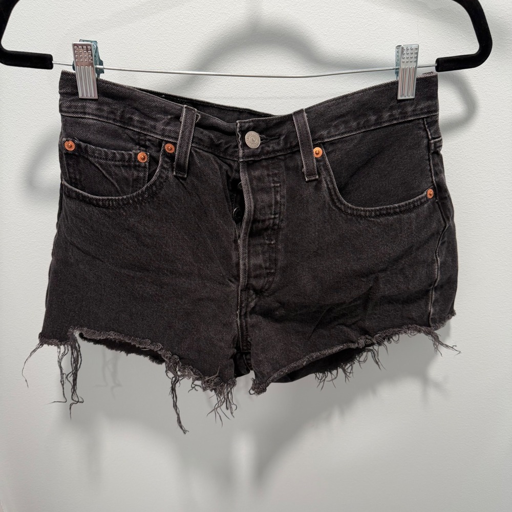 Levis 501 Original Cut Off Denim Shorts 27 Black High Waisted Button Fly Raw Hem